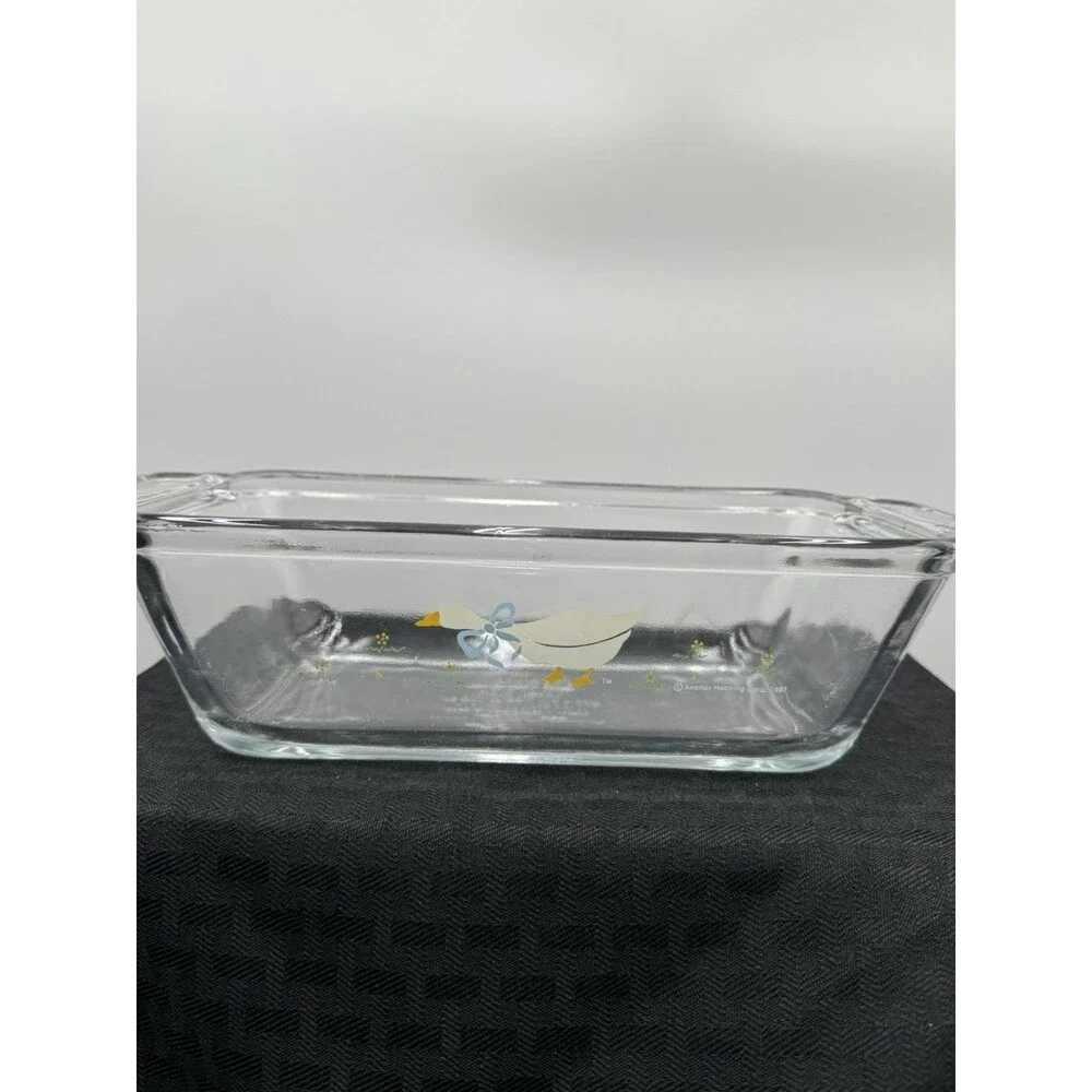 Anchor Hocking Loaf Pan Ovenware Clear Glass  White Ducks 1.5 Quart USA 1980s
